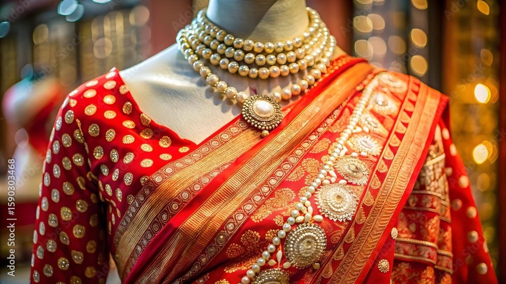A model wearing a banarasi saree and necklace