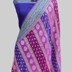Baigani Georgette Saree Zari Border Pallu Stripe Buti Multi
