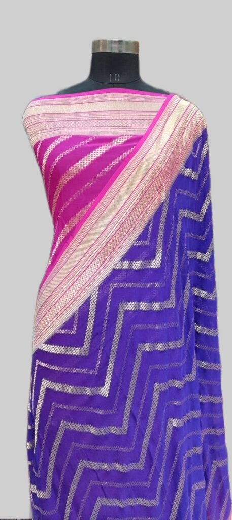 Purple Pink Zig Zag Lining And Zari Border Georgette Saree