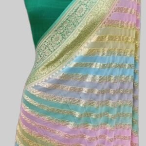Emerald Georgette Zari Border Stripe Multicolour Saree