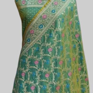 Pastel Green Semi Satan Saree Zari Border Jaal Meena