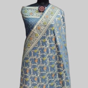 Grey Semi Satan Saree Zari Border Pallu Meenadar