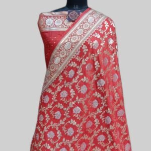Strawberry Semi Satan Saree Zari Border Pallu Silver Meena