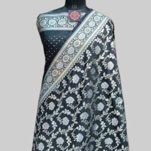 Silky steel grey semi silk satan saree with silver meena zari