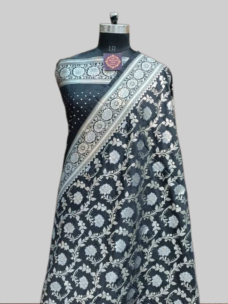 Steel Grey Semi Silk Satan Saree Silver Meena Zari Exquisite Steel Grey semi silk Satan Saree with Silver Meena Floral Zari Border from Silk Supreme