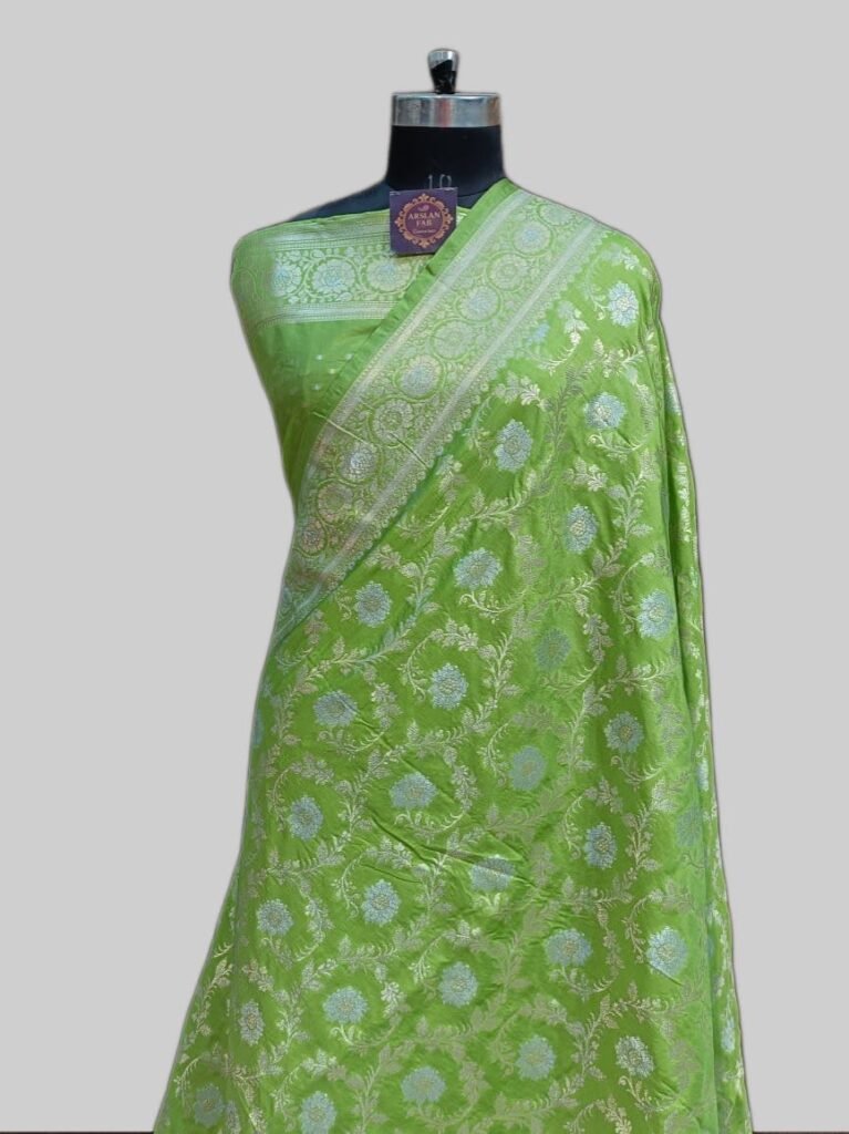 Pista Green Semi Silk Satan Meenadar Zari Border Pallu Exquisite Pista Party Wear Banarasi Saree with Silver Meenadar Zari Border from Silk Supreme