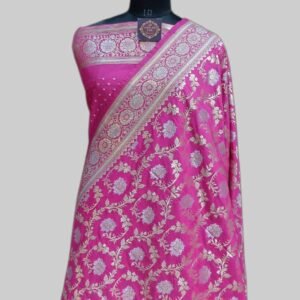Pink Bright Semi Satan Saree Meenadar Zari Border Pallu