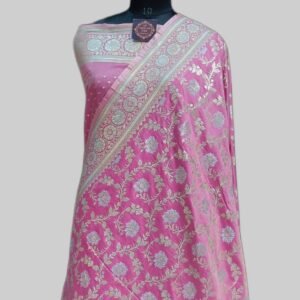 Pastel Pink Semi Satan Zari Border Pallu Silver Meena Saree