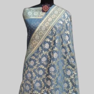 Grey Semi Silk Satan Silver Meena Jaaldar Zari Border Saree