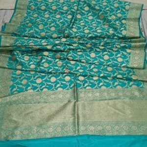 German Blue Pure Upada Katan Saree Zari Border Pallu