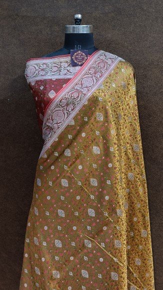 Yellowish Brown Meenadaar Brocade Saree Multi Layer Design
