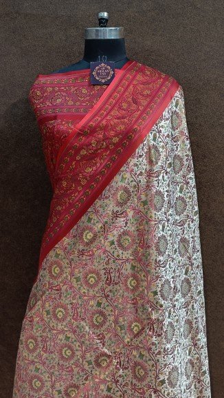 Red Cream Brocade Saree Multi Layer Designer