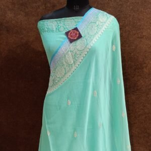 Light Blue Colour Chiffon Saree Zari Border Pallu Buti