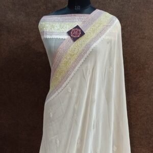 Full Cream Chiffon Saree Zari Border Pallu Buti