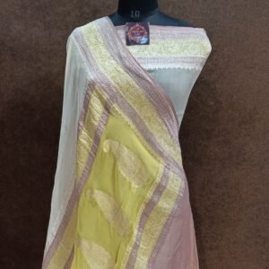 Brown Yellow Chiffon Saree with Zari Border Pallu Buti