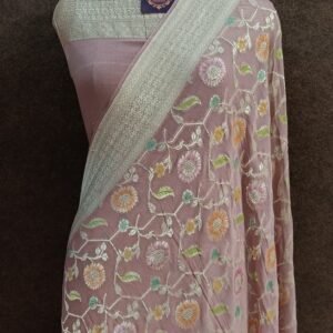 Peach Pastel Georgette Zari Border Floral Meena Saree