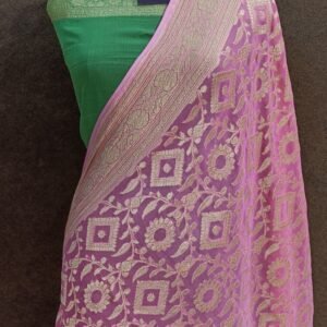 Green Pink Contrast Georgette Zari Border Jaaldar Saree