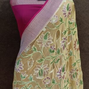 Cream Purple Contrast Georgette Floral Multimeena Saree