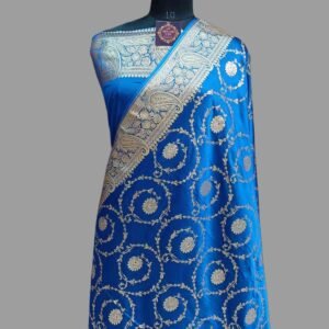 Blue Mashru Satan Saree Zari Borde Pallu Ring Design