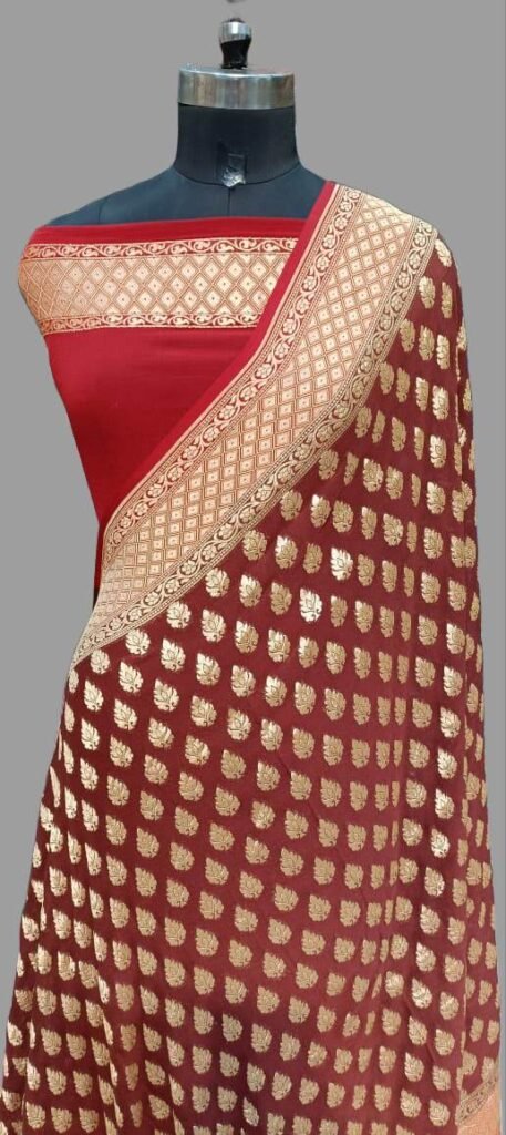Maroon pure georgette banarasi saree with zari border and pan design in body