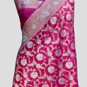 Rani Colour Zari Border jaal Silver Meena Pure Silk Upada