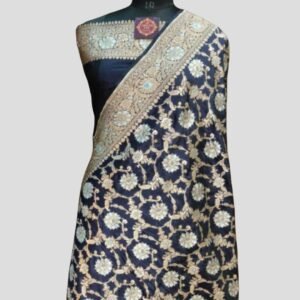 Navy Blue Zari Border Pallu Upada saree Jaal Meenadar