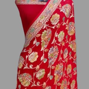 Red Maroon Georgette Designer Saree Zari Border Floral Patti
