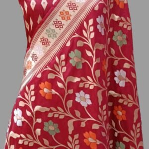Red Pure Silk Saree Zari Border Pallu Muti Meena Upada