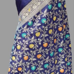 Navy Blue Pure Silk Zari Border Buti Multi Meena upada