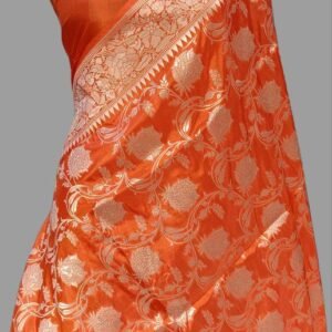 Orange Pure Silk Saree With Zari Border Floral Upada