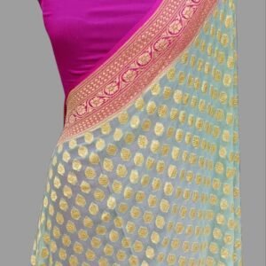 Grey Georgette Zari Border Buti Saree With Pink Blouse