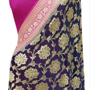 Navy Blue And Purple Georgette Neem Zari Floral Saree