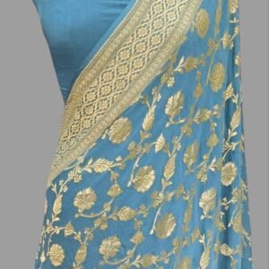 Firozi Blue Floral Georgette Pure Neem Zari Saree