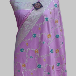 Light Pink Semi Satan Silk Zari Border Pallu Meena Saree