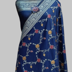 Navy Blue Semi Satan Silk Zari Border Pallu Meenadar Saree