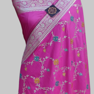 Dark Pink Semi Satan Silk Zari Border Pallu Meenadar Saree