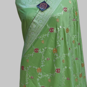 Pista Colour Semi Silk Satan Zari Border Pallu Multi Meena Saree