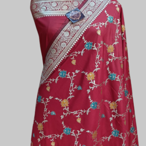 Red Semi Satan Silk Zari Border Pallu jaal Multi Meena Saree