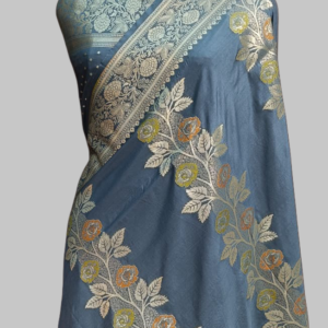 Grey Designer Semi Silk Zari Border Pallu Meenadar Saree