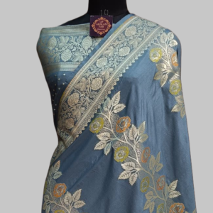 Grey Designer Banarasi Saree with Rich Zari Border, Floral Meena Work and Designer Pallu