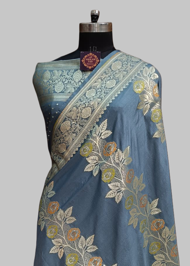 Grey Designer Semi Silk Zari Border Pallu Meenadar Saree 1 Grey Designer Banarasi Saree with Rich Zari Border, Floral Meena Work and Designer Pallu