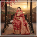 a woman wearing red banarasi wedding saree