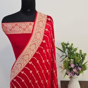Red Pure Georgette Banarasi Zari Border Pallu Lining Design