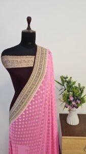 Pink Brown Contrast Georgette Banarasi Zari Border Pallu Buti Design