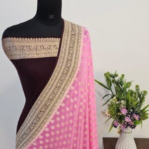 Pink Brown Contrast Georgette Banarasi Zari Border Pallu Buti Design