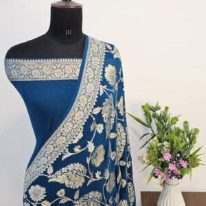 German Blue Pure Georgette Banarasi Zari Border Pallu Jaal Design