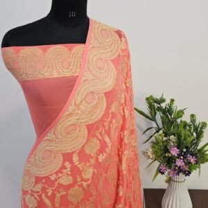 Dusty Peach Pure Georgette Banarasi Zari Border Pallu Jaal Design