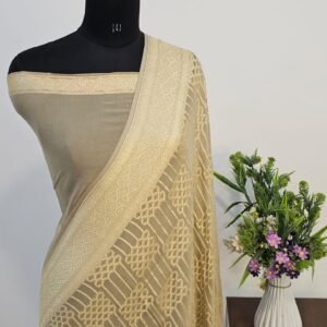 Kahi Grey Pure Georgette Banarasi Zari Border Pallu Jaal Design