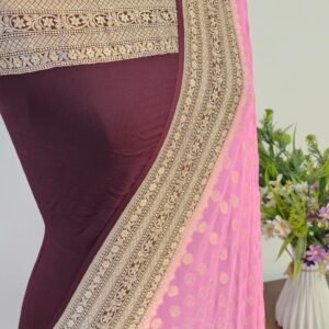 Pink Maroon Contrast Pure Georgette Banarasi Zari Border Pallu Buti Design