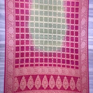 Rani Bandhni Fancy dye Georgette Saree Panetar Zari Check